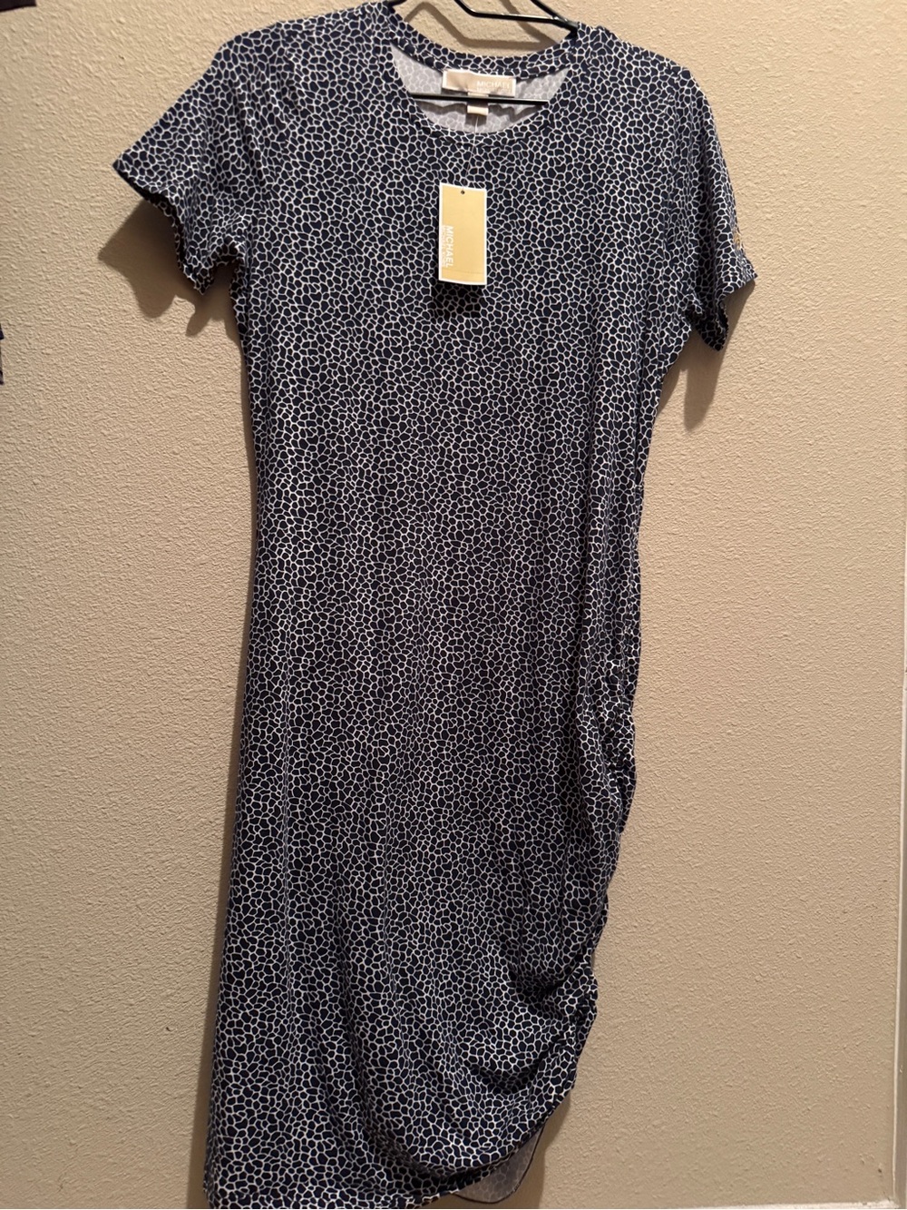 NWT Michael Kors Side Ruched Dress Navy & White Medium